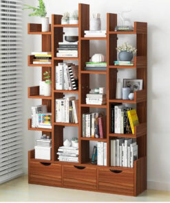 Wooden 4 Row L Shaped Book shelf with Drawer for Office & Home