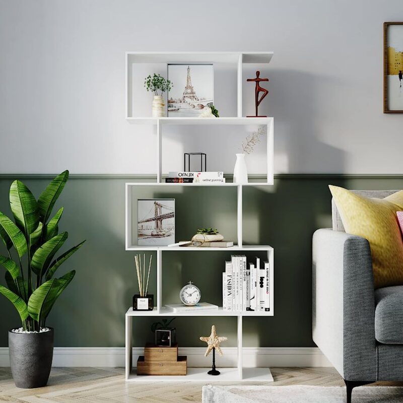 Function Home 5-Tier Bookshelf, Wooden S-Shaped Bookcase, - Image 6