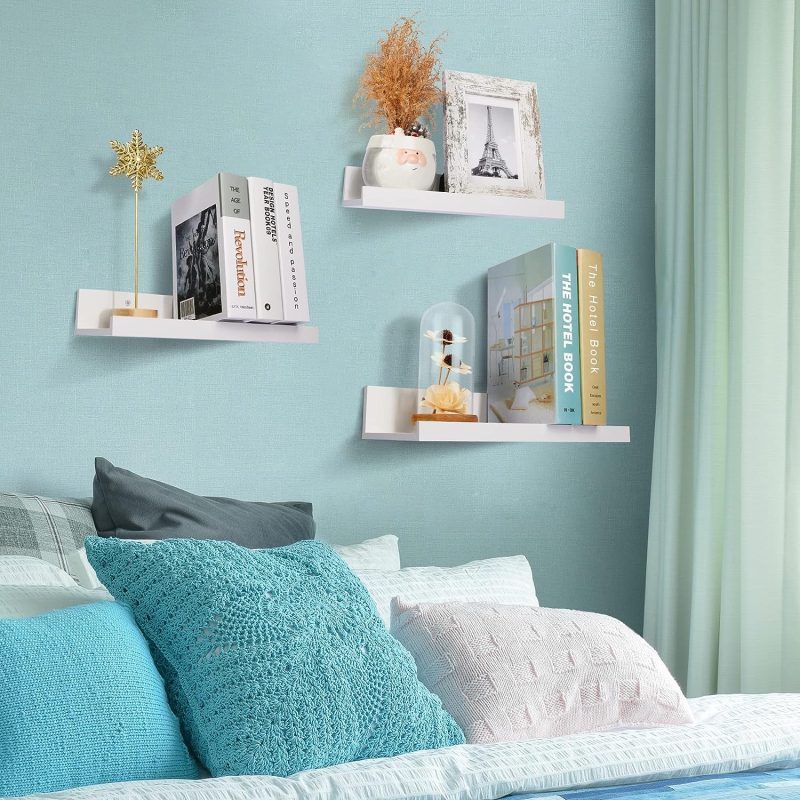 Wall Mounted Wood Shelves for Bedroom, Living Room, Bathroom, Kitchen, Small Picture Ledge Shelves