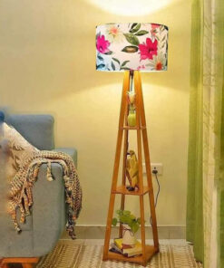 Wooden Floor Lamp With Printe Shade, Bulb And Holder