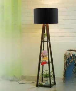 Wooden Floor Lamp With Black  Shade, Bulb And Holder