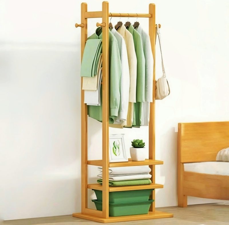 Single Clothes Stand with 2 Shelves and Hooks – Ideal for Bedrooms