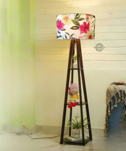 Wooden Floor Lamp With Printe Shade, Bulb And Holder
