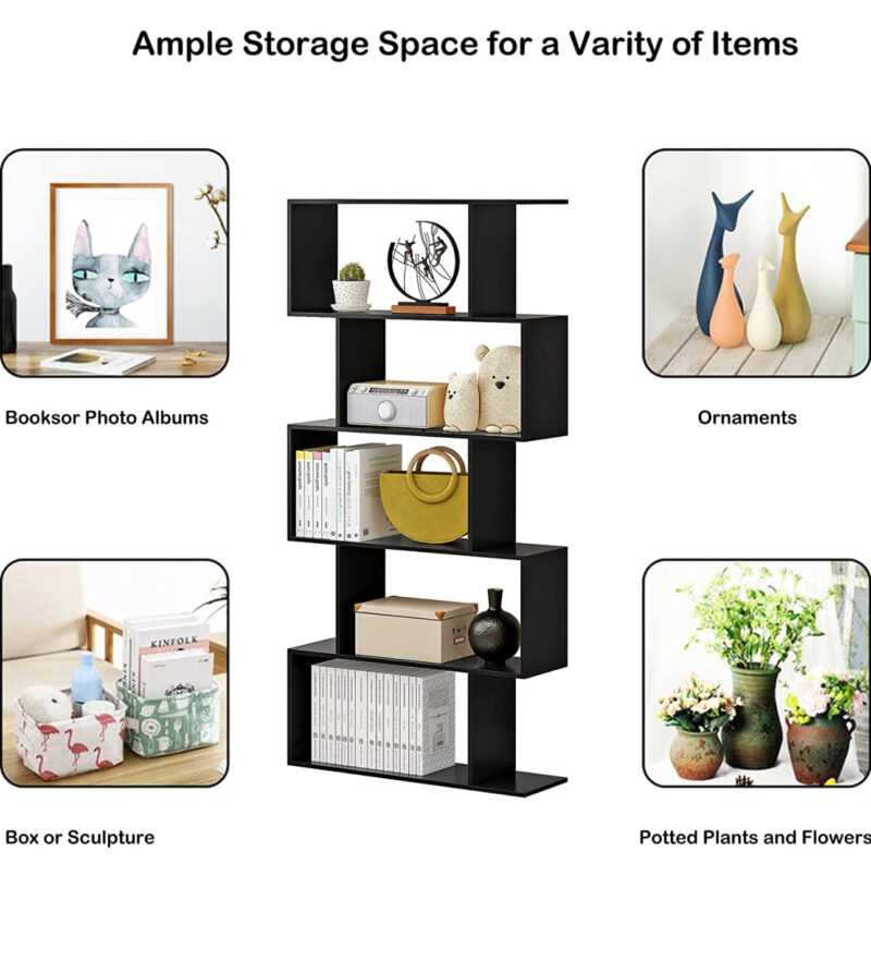 Function Home 5-Tier Bookshelf, Wooden S-Shaped Bookcase, - Image 4