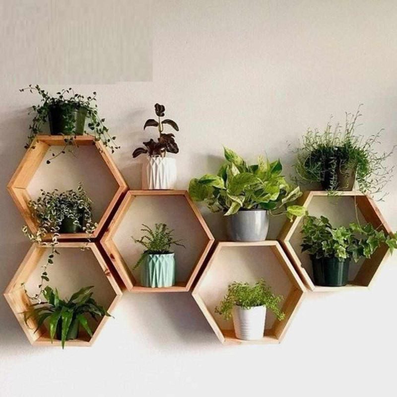 Alternative view of Wooden 5 pics Hexagon Wall Shelf